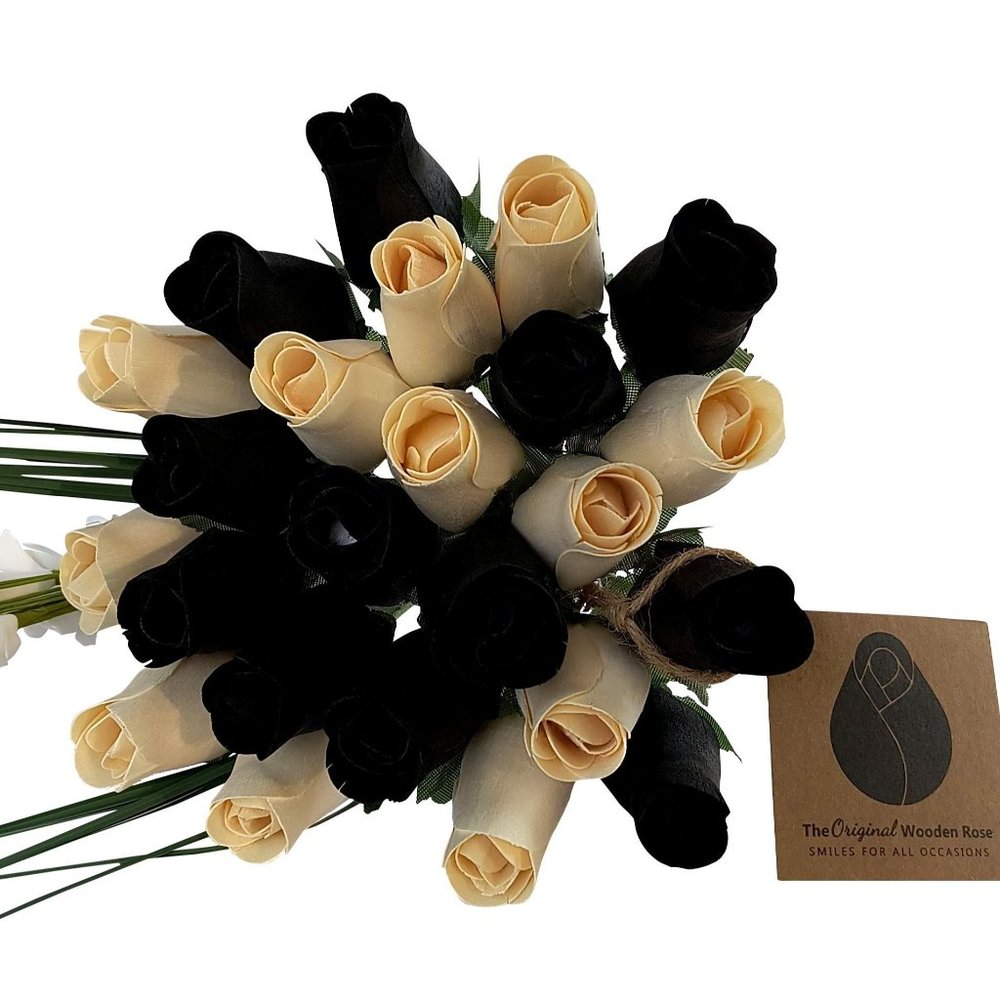 2 Dozen Black and White Wooden Rose Flower Bouquet. The Original Wooden Rose
